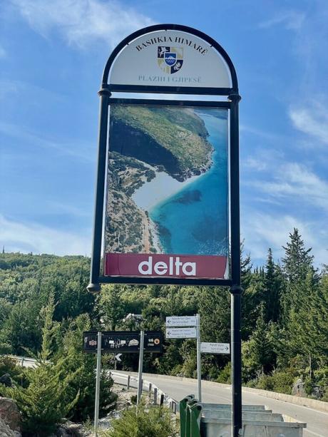 sign-for-gjipe-beach-on-main-coastal-road-in-albania