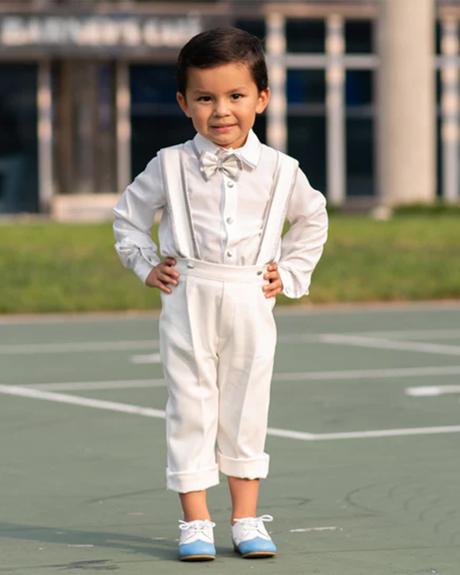 ring bearer outfit white with suspenders bow tie itty bitty