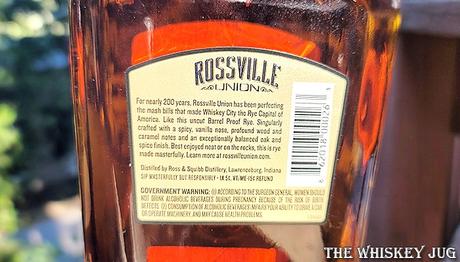 Rossville Union Barrel Proof Rye Back Label