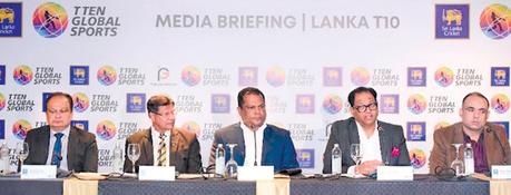 Mohan de Silva Secretary of the SLC (second from left) briefing the media regarding forthcoming T-10 cricket tournament at the Cinnamon Lakeside Hotel yesterday. Also in the picture from left CEO SLC Ashley de Silva, Shammi Silva President of SLC, Shaji-Ul-Mulk Chairman of T-10 Global Sports and Rajeev Khanna Chief Operating Officer T10 Global Sports. (Picture by SLC)  