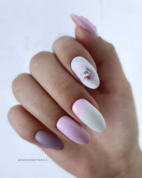 purple wedding nails white with rhinestones kangannynails