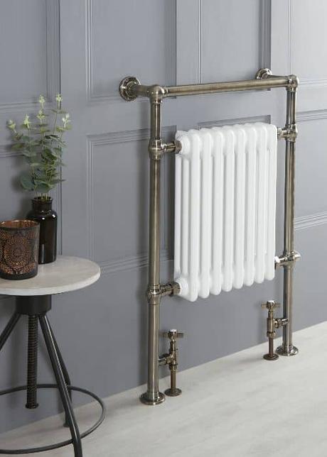 traditional heated towel rail on a gray wall