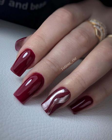 burgundy wedding nails with silver stripes tatjana_ost