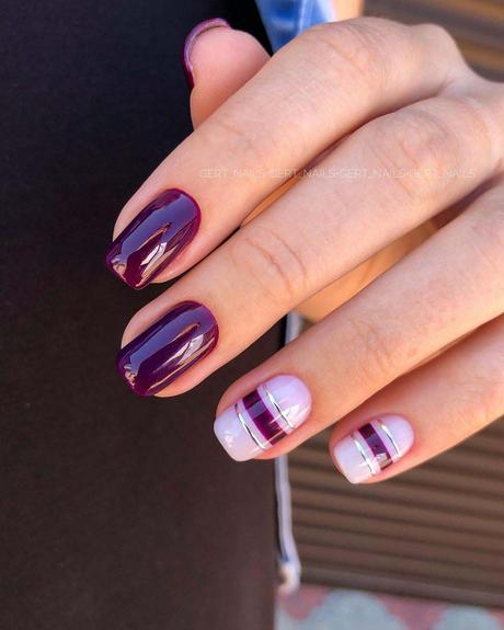 burgundy wedding nails with white and silver stripes gert_nails
