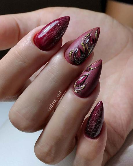burgundy wedding nails elegant with gold tatjana_ost