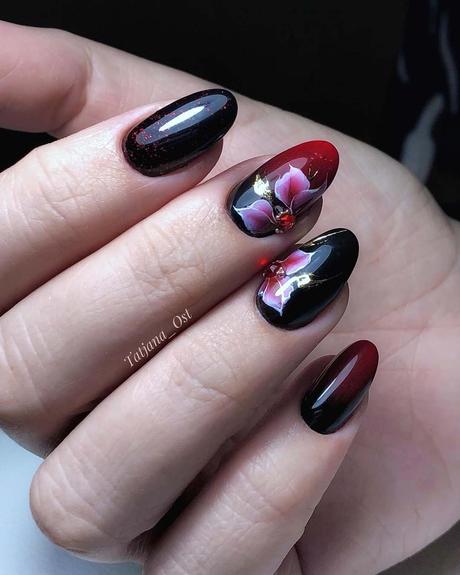 burgundy wedding nails ombre with flowers tatjana_ost