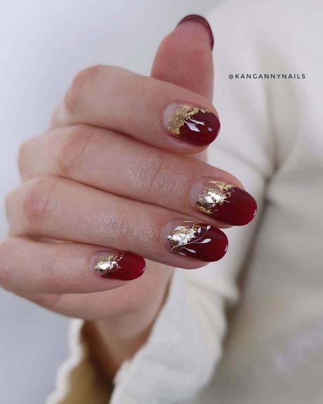 burgundy wedding nails with white leaves and gold kangannynails