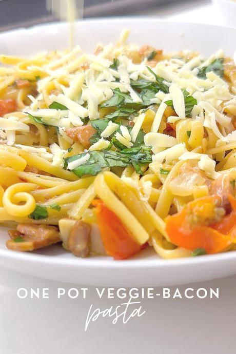 vegetarian one pot bacon pasta, vegan bacon, Richmond meat free bacon, one pot bacon pasta recipe