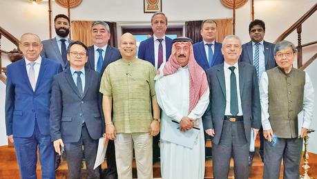 Sri Lankan High Commissioner to India, Milinda Moragoda with the envoys of the Middle East, Central Asia and Southeast Asia, at the Sri Lankan High Commission.