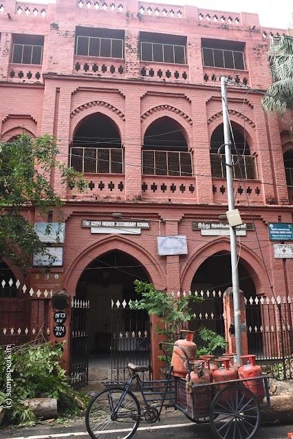 the iconic Red Building of Hindu High School, Triplicane