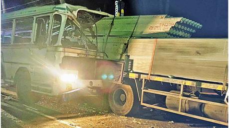 At the time of the accident, roofing sheets packed at the back of the lorry crashed into the bus. 