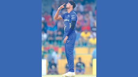 Binura Fernando who took 3 for 20 celebrating a wicket (Pic by SLC)