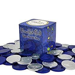 Image: Hanukkah Chocolate Coins, Nut-Free, Belgian Blue and Silver Milk Chocolate Coin, Kosher Hanukkah Gelt in Gift Box (Half-Pound Pack)
