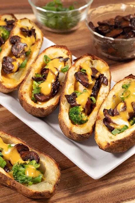 vegan potato skins with vegan cheese and mushroom bacon