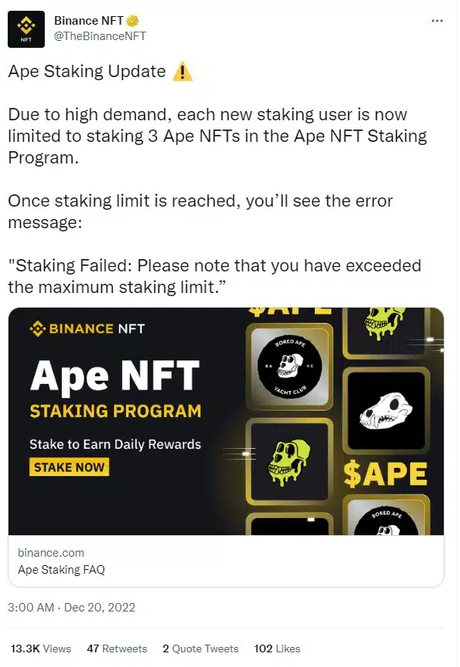 Binance restricts Bored Ape staking, following high demand