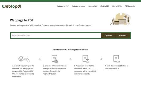 Webtopdf converts webpages to PDF or images online, with custom page size and watermarking