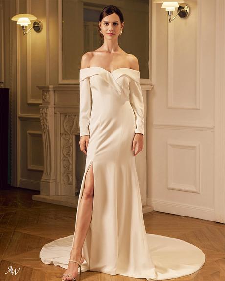 aw bridal dresses simple off the shoulder with long sleeves slit