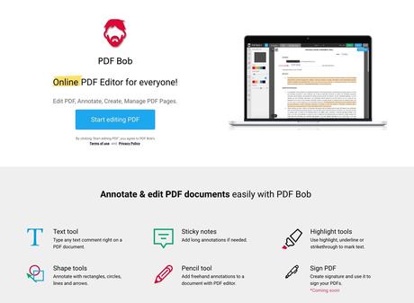 PDF Bob online file editor, add text, comment, highlight or convert files are all available