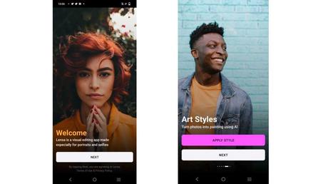 Lensa App welcome screen and art styles screen