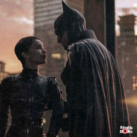 Still image from The Batman (2022) depicting Selina Kyle (Zoe Kravitz) and Batman (Robert Pattinson)