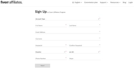 fiverr affiliate registration page