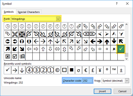 Excel Check Mark Insertion Instructions.