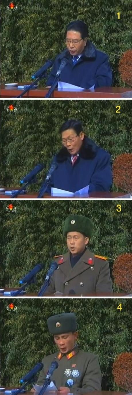 3rd Anniversary of Yo’np’yo’ng Island Artillery Incident Speakers at a 23 November 2013 meeting marking the 3rd anniversary of the Yo'np'yo'ng Island incident: Chief Secretary of the South Hwanghae KWP Provincial Committee Pak Yong Ho (1), Kangryo'ng County GFTUK Chairman Ri Jong Ok (2), KPA officer Kim Kyong Su (3) and artillery officer Choe Yong Jin (4) (Photos: KCTV screengrab).