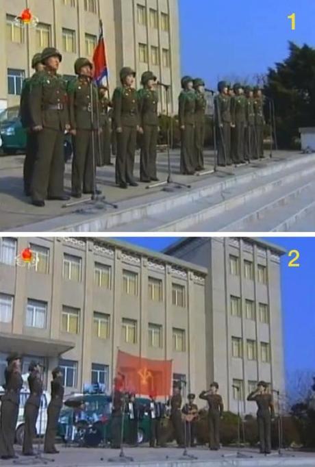 3rd Anniversary of Yo’np’yo’ng Island Artillery Incident Members of the IV Army Corps art propaganda squad perform at the anniversary meeting (1) and a Korean Workers' Party flag is unfurled during the performance (2) (Photos: KCTV screen grab).