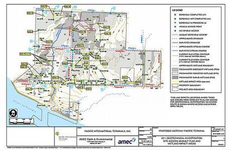 Map showing locations of 37 boreholes that Pacific International Terminals drilled at the proposed site of the Gateway Pacific Terminal. Click the image for a larger view and to download original document.