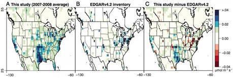 These maps show (A) two-year averaged methane emissions found in the PNAS study, (B) methane emissions in the EDGAR inventory and (C) the difference between the two. The largest differences are in Texas and California.