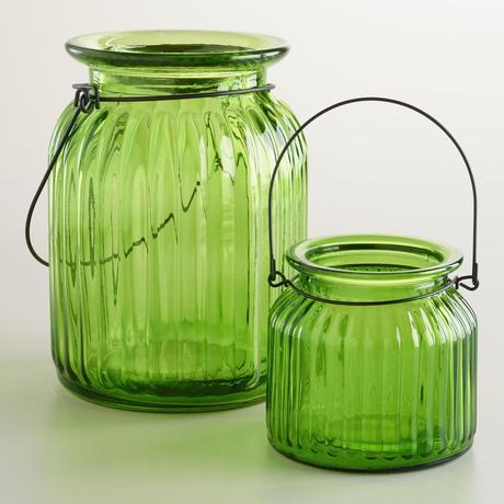 Green Ribbed Glass Lantern Candle Holders, Large