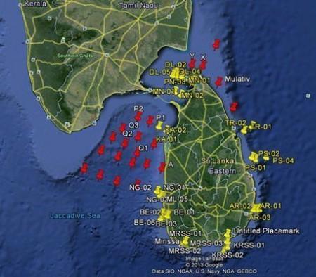 This map shows the sampling locations around the waters of Sri Lanka