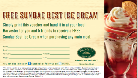 Free Ice cream Voucher for Harvester Restaurant