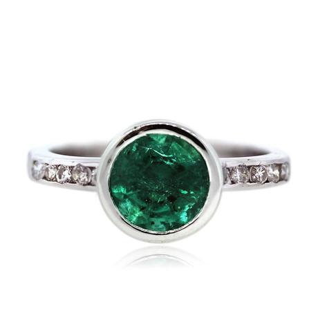 14k White Gold Bezel Set Emerald and Diamond Ring