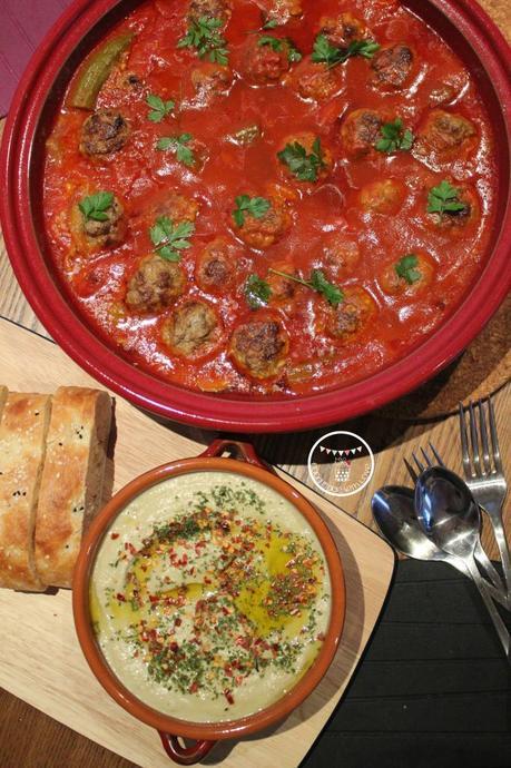 Moroccan meatballs with baba ganoush and turkish bread
