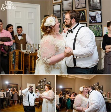 First dance with groom in braces and bow tie bride in lace details