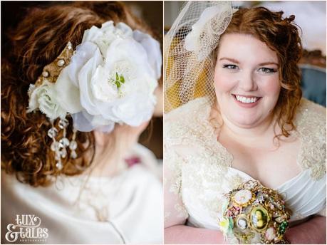 Beautiful, stylish plus sized bride holds brooch bouquet at York Wedding Grays Court