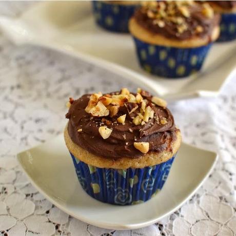 Hazelnut Cupcakes with Hazelnut-Chocolate Frosting (Eggless Recipe)