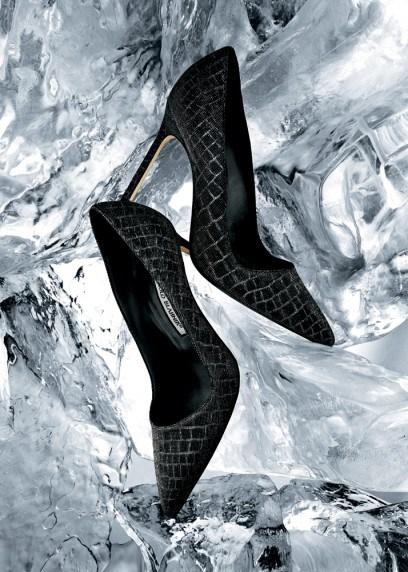 Manolo Blahnik “BB” point-toe pumps in silver/black crocodile-print fabric. $655.