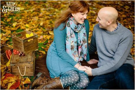 Autumn engagement shoot with golden leaves in Yorkshire