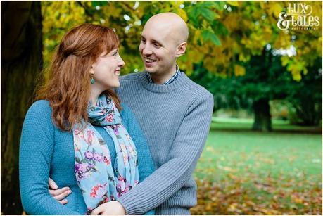 Engagement shoot in Yorkshire in Autumn with fallen leaves