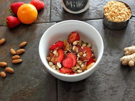 Crunchy Breakfast Bowl with Cereal, Seeds, Almonds, Ginger, and Fruit