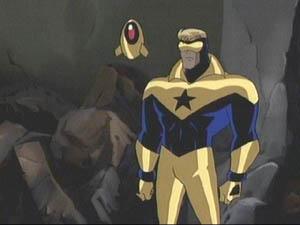 Booster Gold and Skeets, as depicted in Justic...