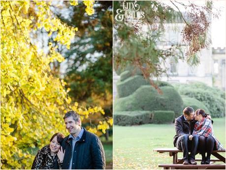 Elvaston Castle engagement shoot in autumn with tartn rug