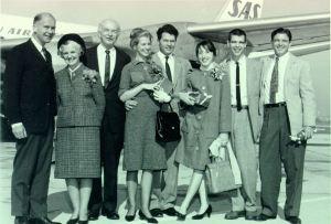 Arrived in Oslo. From left, an SAS official, Ava Helen and Linus Pauling, Linda Pauling Kamb and Barclay Kamb, Lucy Neilen Pauling, Crellin Pauling and Linus Pauling Jr. December 1963.