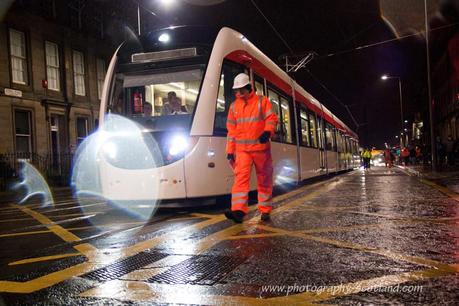 Edinburgh trams leaving Haymarket during testing in the city centre