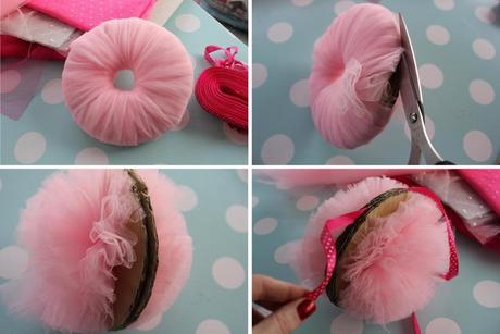 DIY pink tulle pompom decorations for party or christmas tutorial