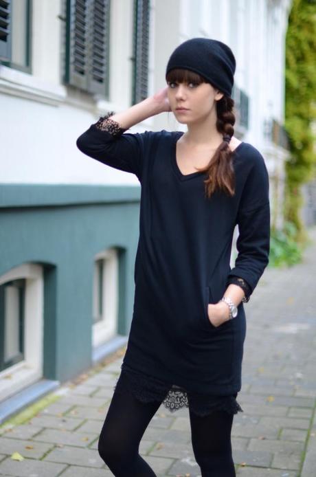 black sweat dress with lace trend look