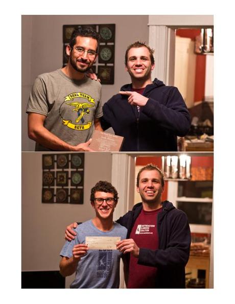 Zachary Lesch-Huie of the Access Fund bestows the Sharp End award to Josh Reyes, and a check to Michael Wurzel. Watch the video below to learn a bit more about the AF-SCC relationship