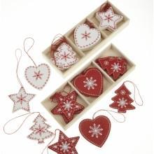 White and Red Wooden Heart, Tree and Star Shaped Christmas Tree Decorations 